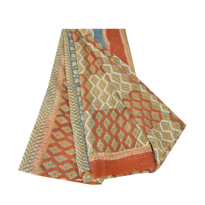 Sanskriti Vintage Cream Sarees Pure Georgette Silk Printed Sari 5YD Craft Sustainable Fabric