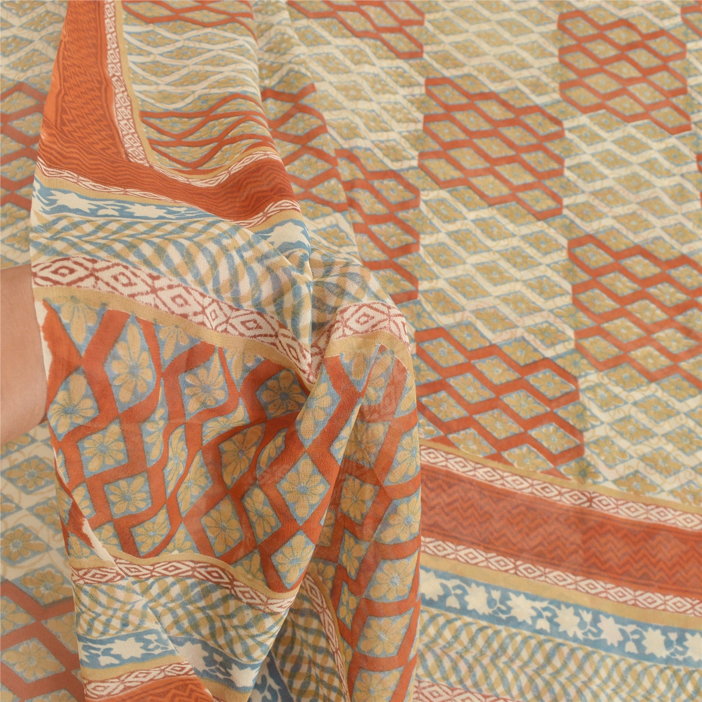 Sanskriti Vintage Cream Sarees Pure Georgette Silk Printed Sari 5YD Craft Sustainable Fabric