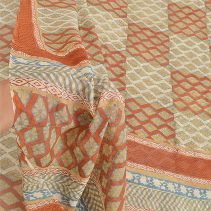 Sanskriti Vintage Cream Sarees Pure Georgette Silk Printed Sari 5YD Craft Sustainable Fabric