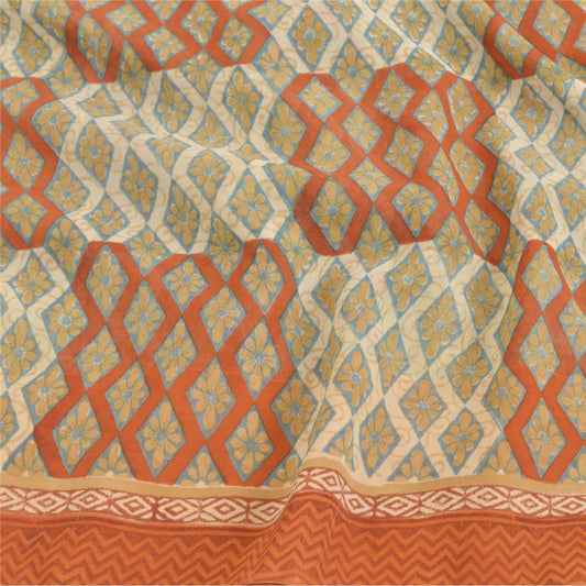 Sanskriti Vintage Cream Sarees Pure Georgette Silk Printed Sari 5YD Craft Sustainable Fabric