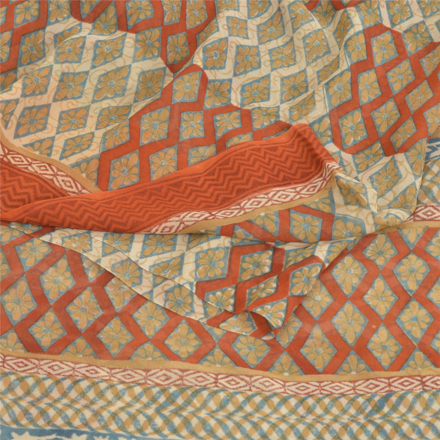 Sanskriti Vintage Cream Sarees Pure Georgette Silk Printed Sari 5YD Craft Sustainable Fabric
