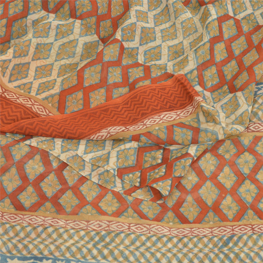 Sanskriti Vintage Cream Sarees Pure Georgette Silk Printed Sari 5YD Craft Sustainable Fabric