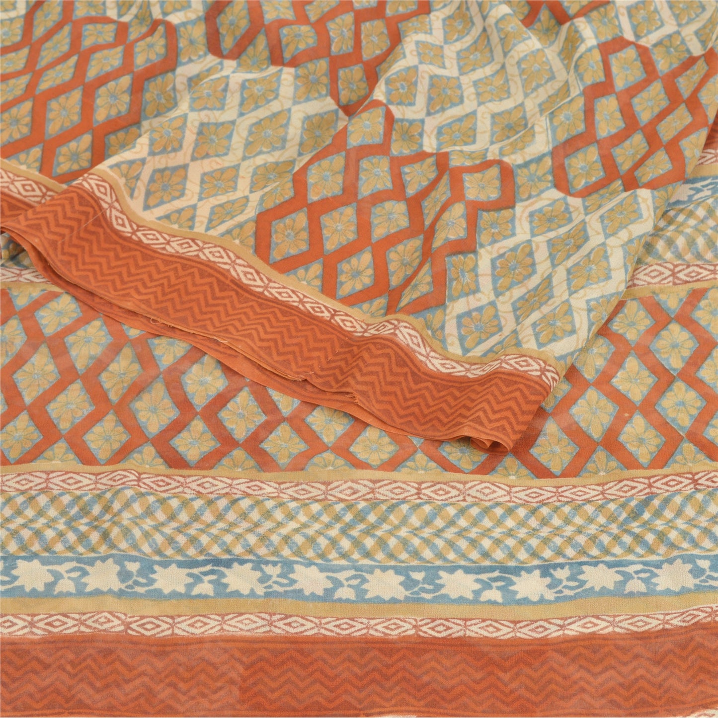 Sanskriti Vintage Cream Sarees Pure Georgette Silk Printed Sari 5YD Craft Sustainable Fabric