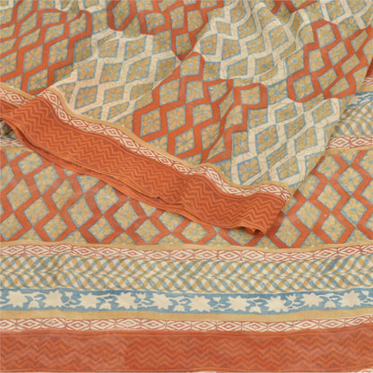 Sanskriti Vintage Cream Sarees Pure Georgette Silk Printed Sari 5YD Craft Sustainable Fabric