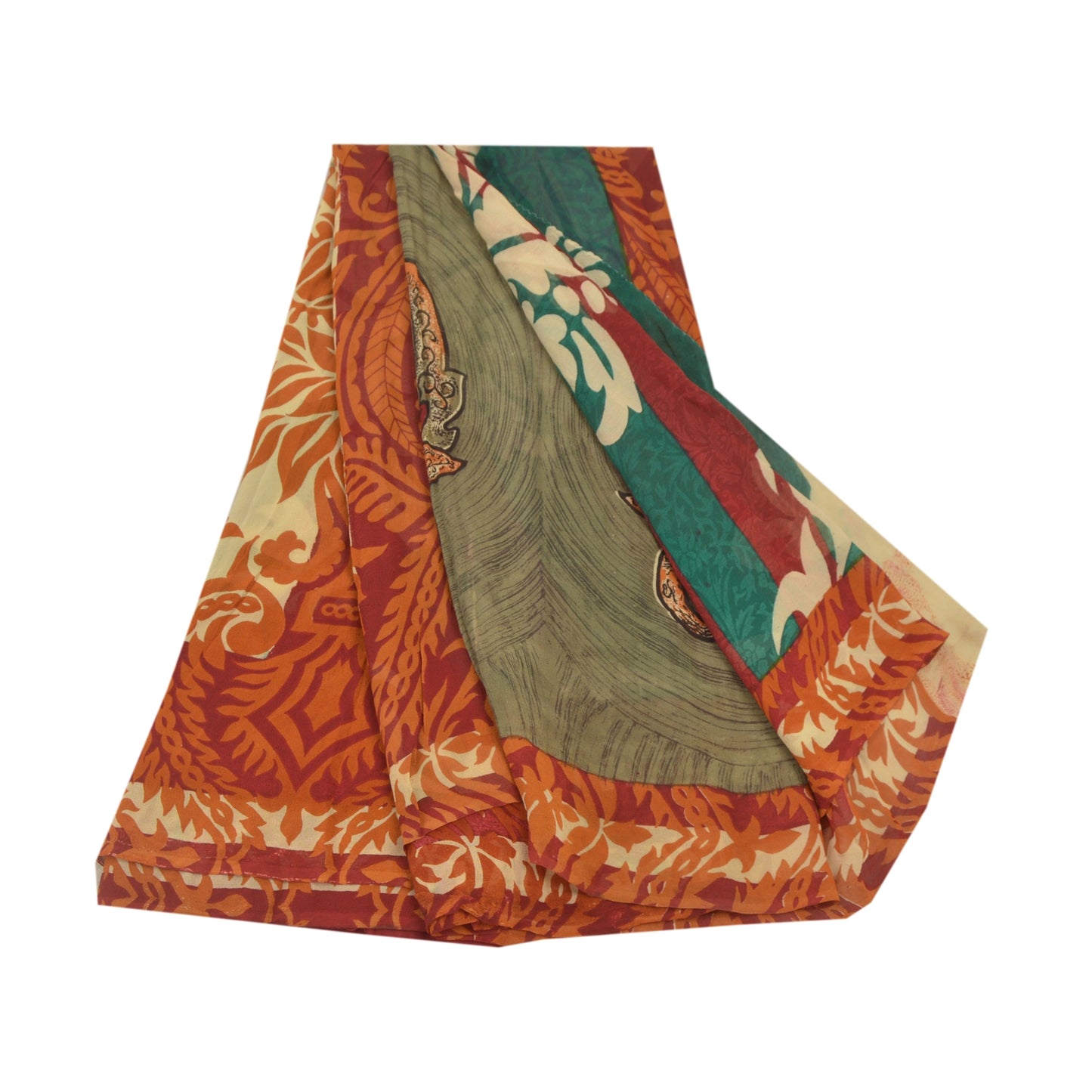 Sanskriti Vintage Grønne Sarier Ren Georgette Silke Trykt Sari 5YD Håndværk Bæredygtigt Stoff