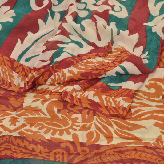 Sanskriti Vintage Grønne Sarier Ren Georgette Silke Trykt Sari 5YD Håndværk Bæredygtigt Stoff