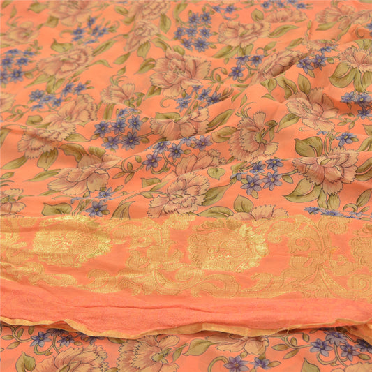 Sanskriti Vintage Peach Saree Blend Georgette Printed Sari 5 Yard Craft Sustainable Fabric
