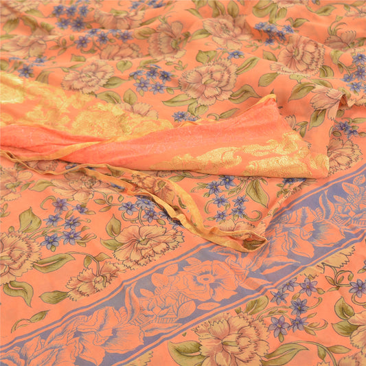 Sanskriti Vintage Peach Saree Blend Georgette Printed Sari 5 Yard Craft Sustainable Fabric