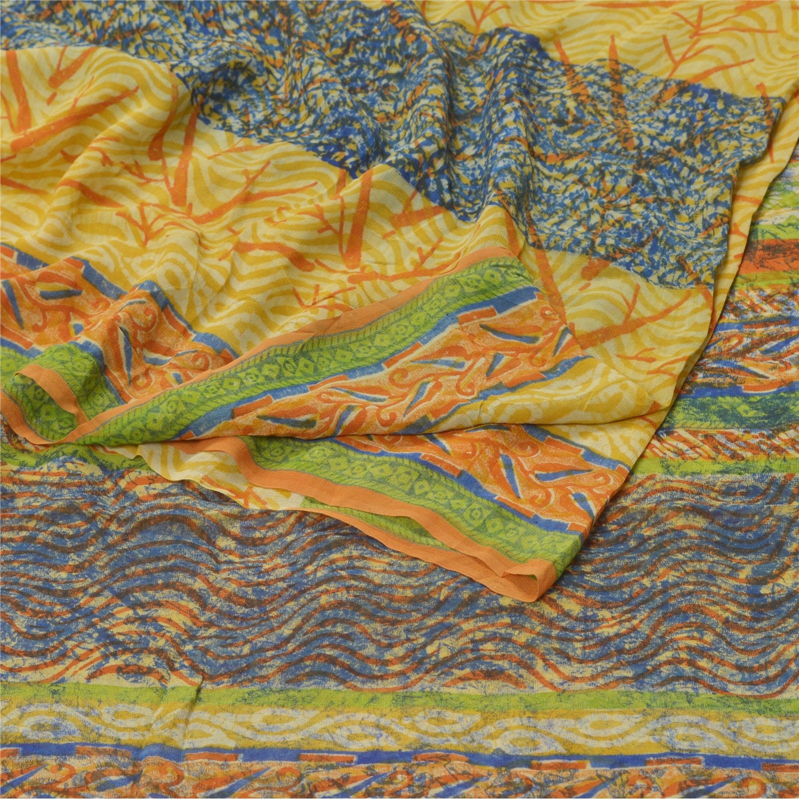 Sanskriti Vintage Yellow Sarees Pure Georgette Silk Printed Sustainable Fabric Craft Sari