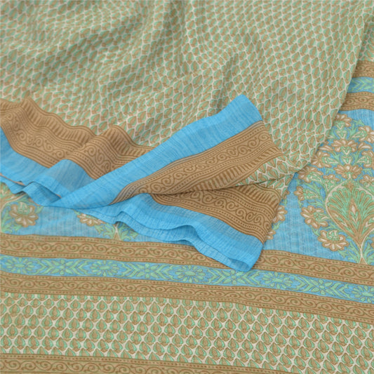 Sanskriti Vintage Green Saree Georgette Floral Printed Sari 5 Yard Craft Sustainable Fabric