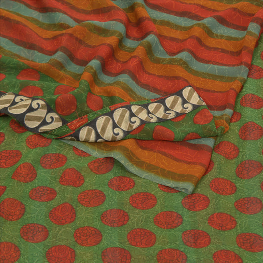 Sanskriti Vintage Green Saree Georgette Printed Sari Soft Decor Craft Sustainable Fabric