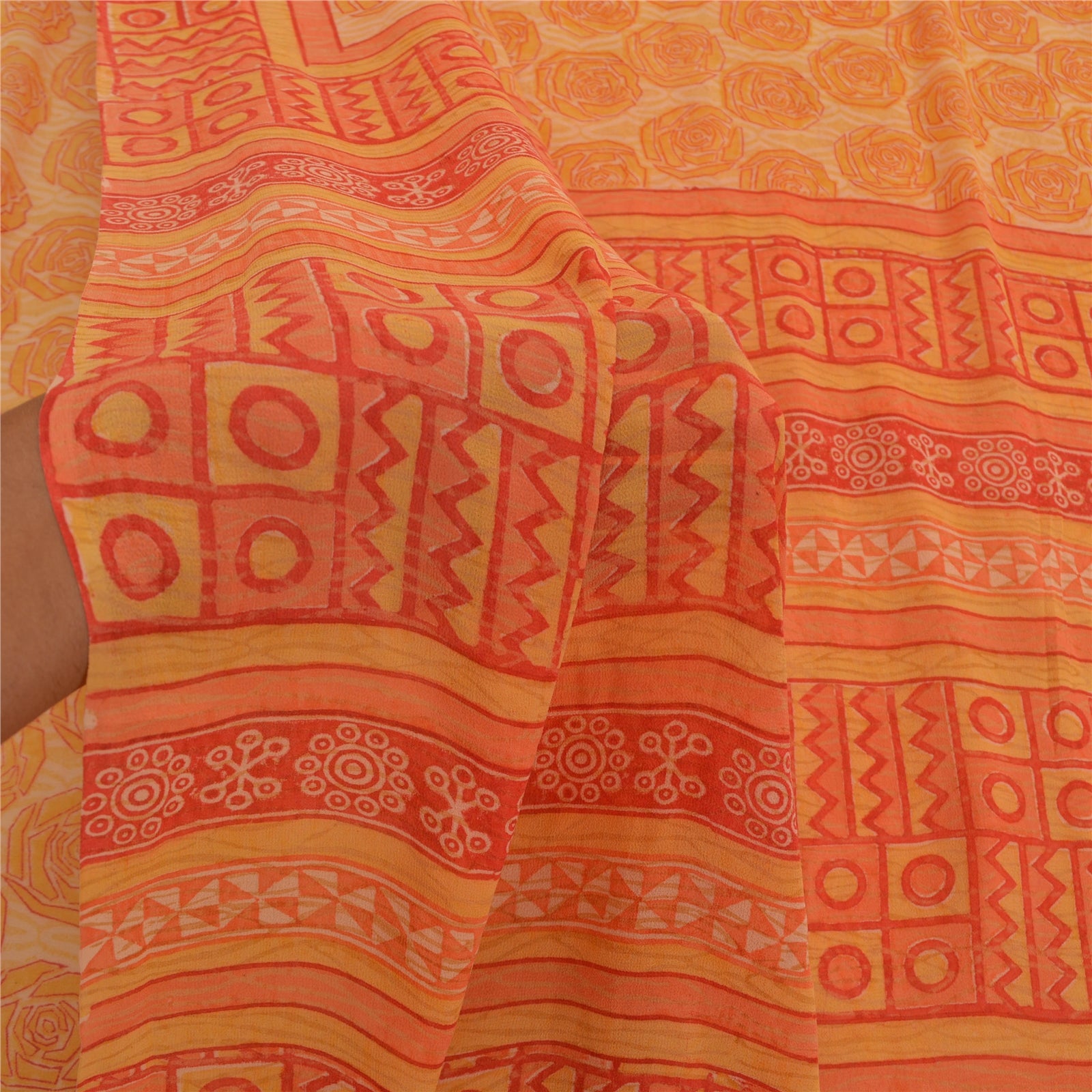 Sanskriti Vintage Yellow Sarees Pure Georgette Silk Printed Sari Craft Sustainable Fabric
