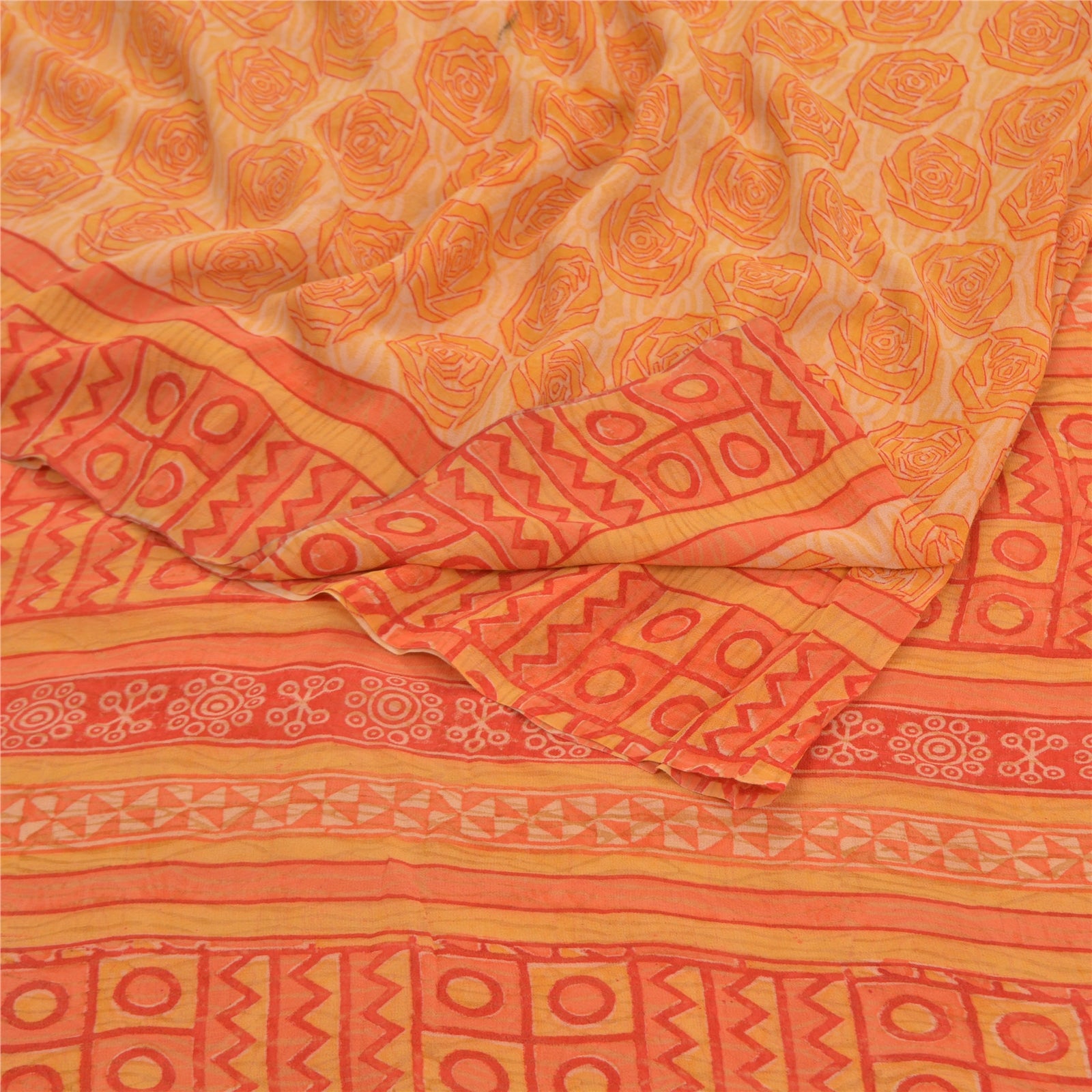 Sanskriti Vintage Yellow Sarees Pure Georgette Silk Printed Sari Craft Sustainable Fabric
