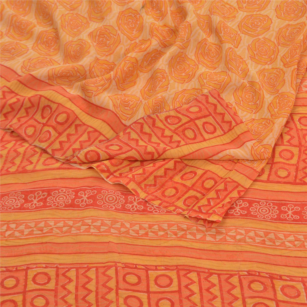 Sanskriti Vintage Yellow Sarees Pure Georgette Silk Printed Sari Craft Fabric