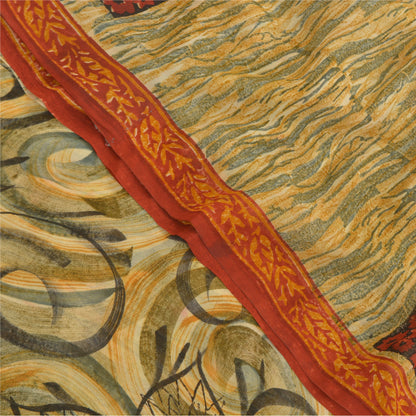 Sanskriti Vintage Cremefarvede Sarier Ren Georgette Silke Trykt Sari 5YD Håndværk Bæredygtigt Stoff