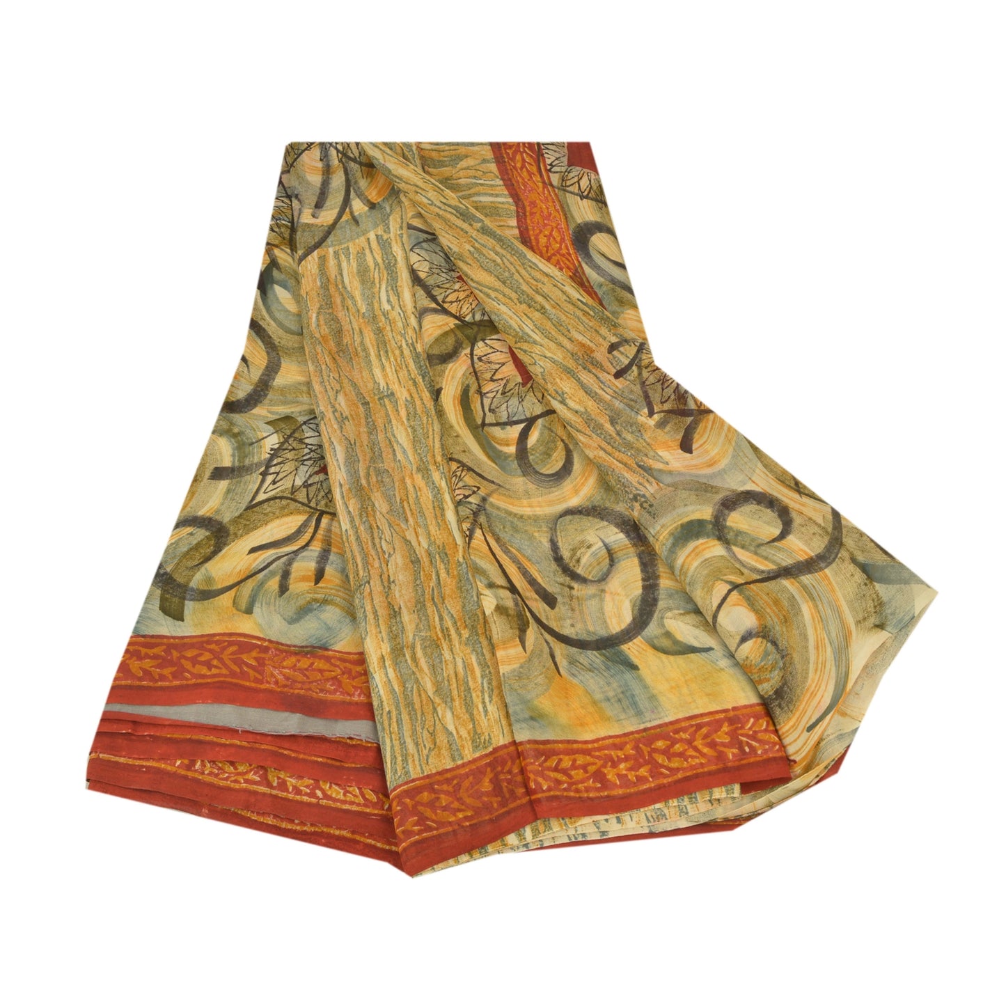 Sanskriti Vintage Cremefarvede Sarier Ren Georgette Silke Trykt Sari 5YD Håndværk Bæredygtigt Stoff