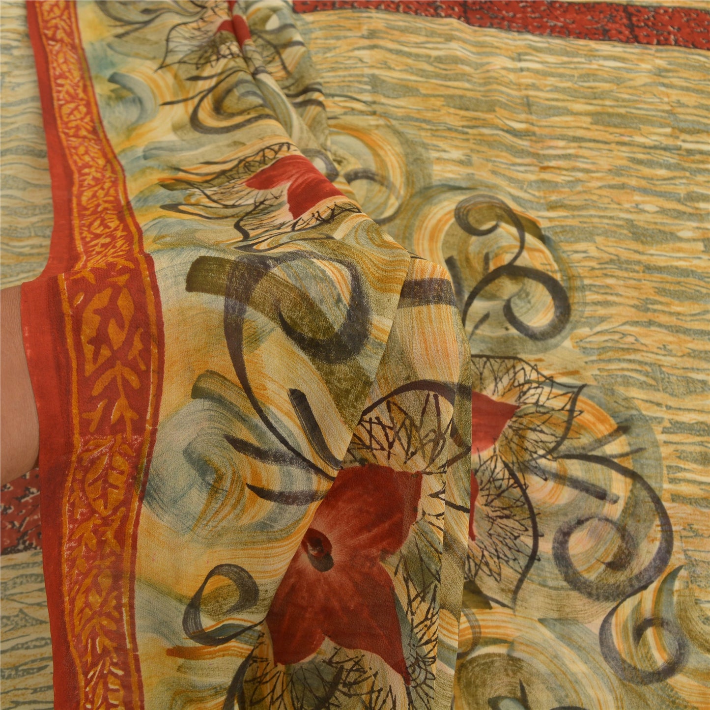 Sanskriti Vintage Cremefarvede Sarier Ren Georgette Silke Trykt Sari 5YD Håndværk Bæredygtigt Stoff