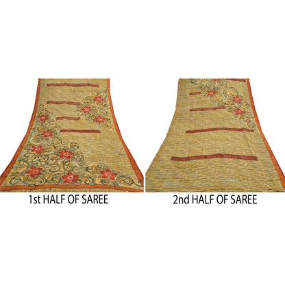 Sanskriti Vintage Cremefarvede Sarier Ren Georgette Silke Trykt Sari 5YD Håndværk Bæredygtigt Stoff