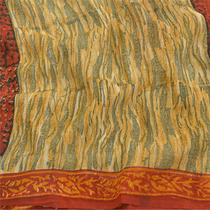 Sanskriti Vintage Cremefarvede Sarier Ren Georgette Silke Trykt Sari 5YD Håndværk Bæredygtigt Stoff