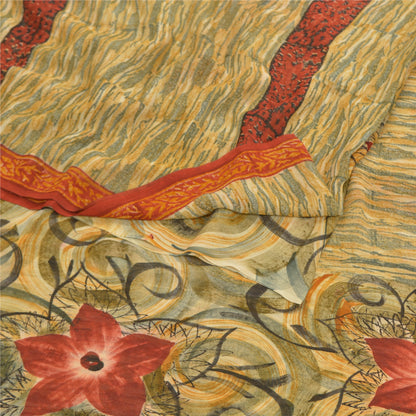 Sanskriti Vintage Cremefarvede Sarier Ren Georgette Silke Trykt Sari 5YD Håndværk Bæredygtigt Stoff