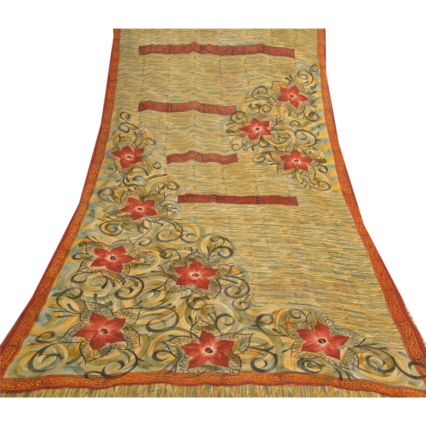 Sanskriti Vintage Cremefarvede Sarier Ren Georgette Silke Trykt Sari 5YD Håndværk Bæredygtigt Stoff