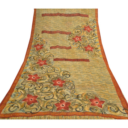 Sanskriti Vintage Cremefarvede Sarier Ren Georgette Silke Trykt Sari 5YD Håndværk Bæredygtigt Stoff