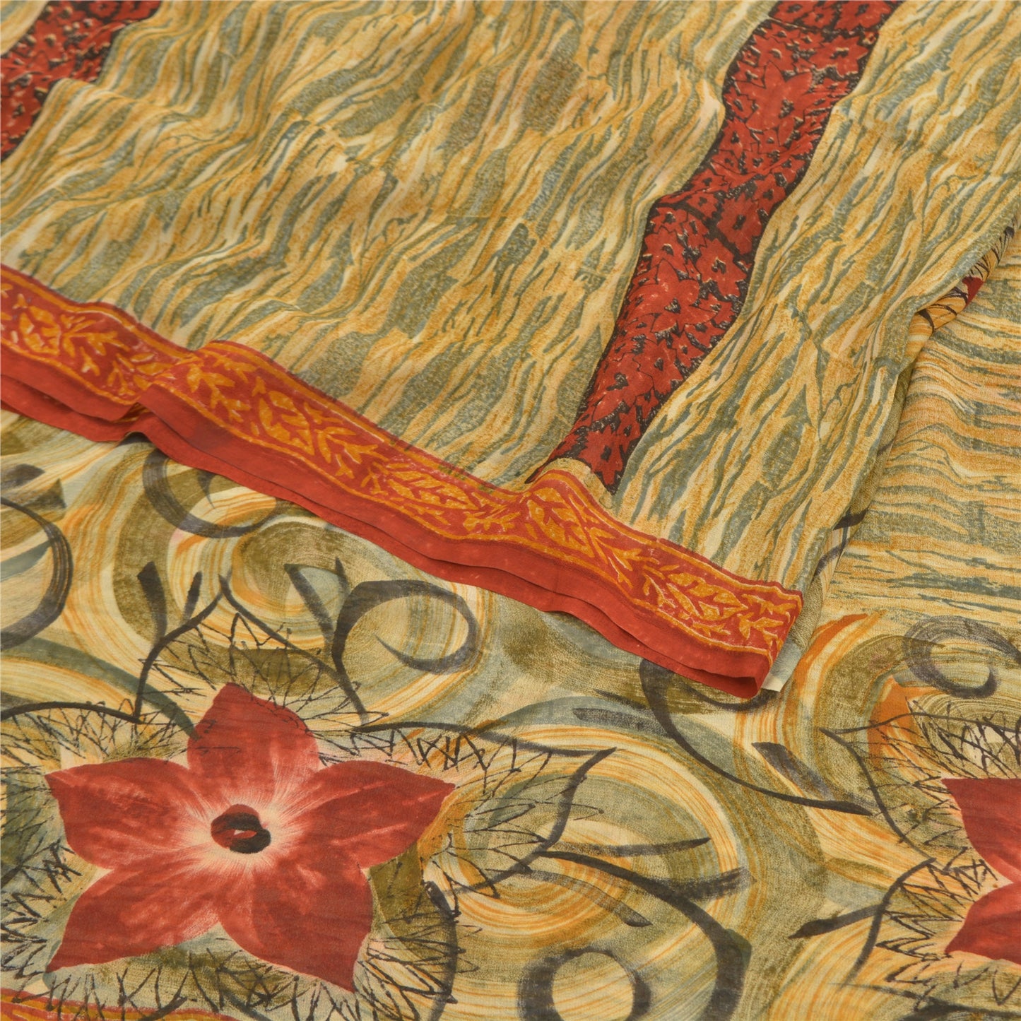 Sanskriti Vintage Cremefarvede Sarier Ren Georgette Silke Trykt Sari 5YD Håndværk Bæredygtigt Stoff