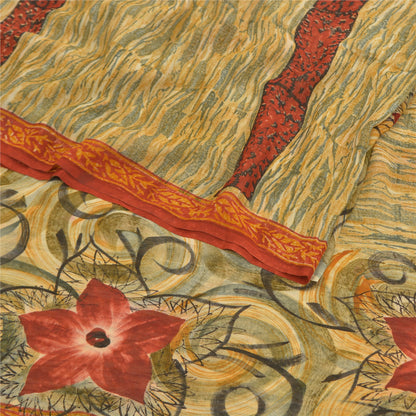 Sanskriti Vintage Cremefarvede Sarier Ren Georgette Silke Trykt Sari 5YD Håndværk Bæredygtigt Stoff