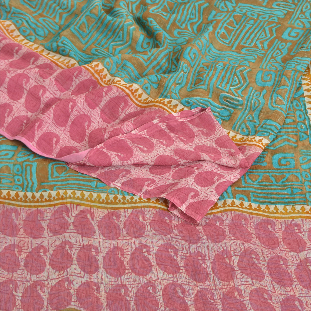 Sanskriti Vintage Green Sarees Pure Chiffon Silk Printed Sari 5YD Craft Fabric