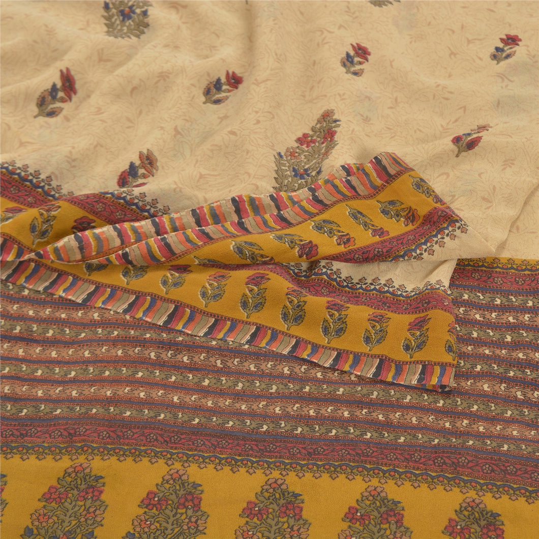 Sanskriti Vintage Cream Sarees Pure Georgette Silk Printed Sari 5YD Craft Fabric