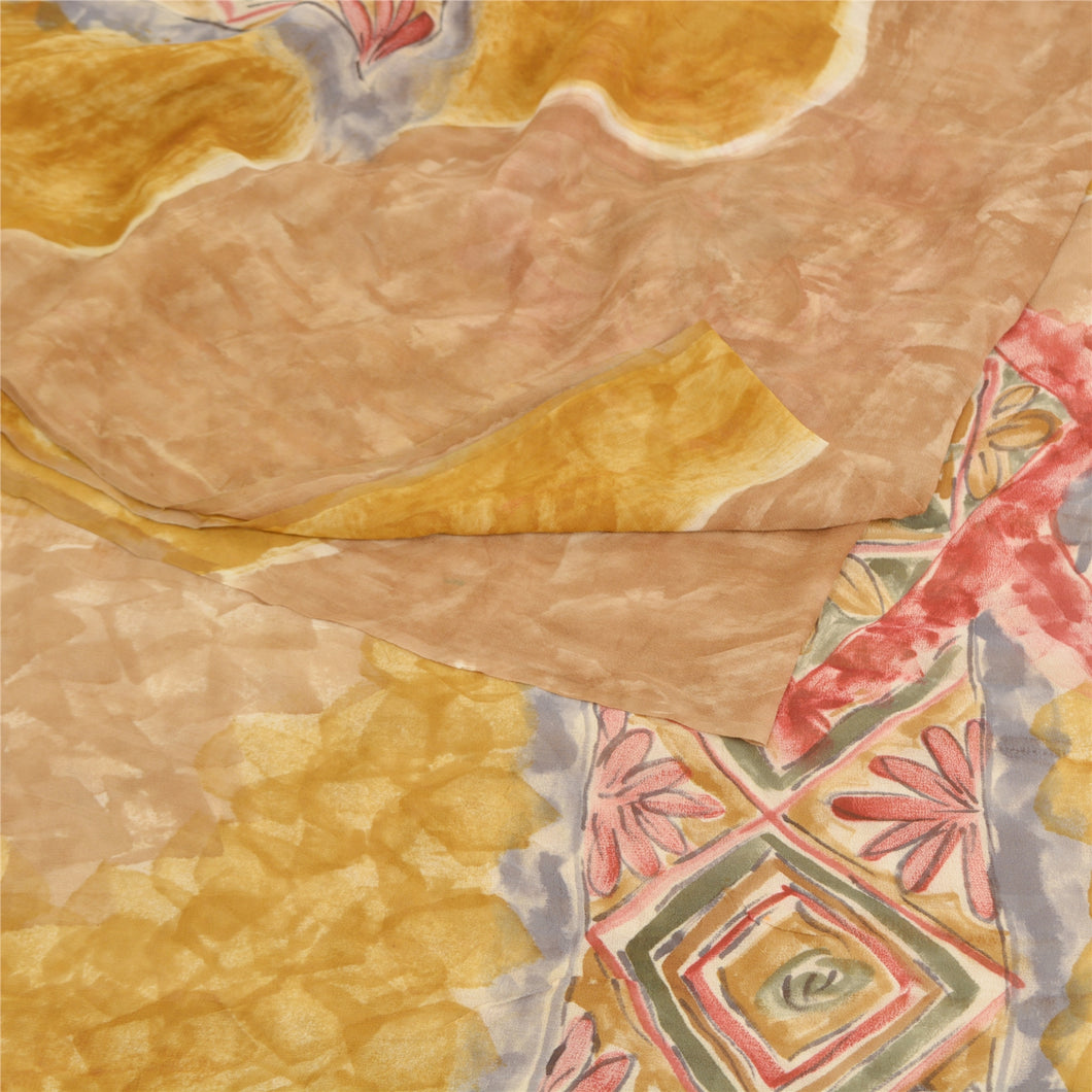 Sanskriti Vintage Mustard Sarees Pure Georgette Silk Printed Sari Craft Fabric