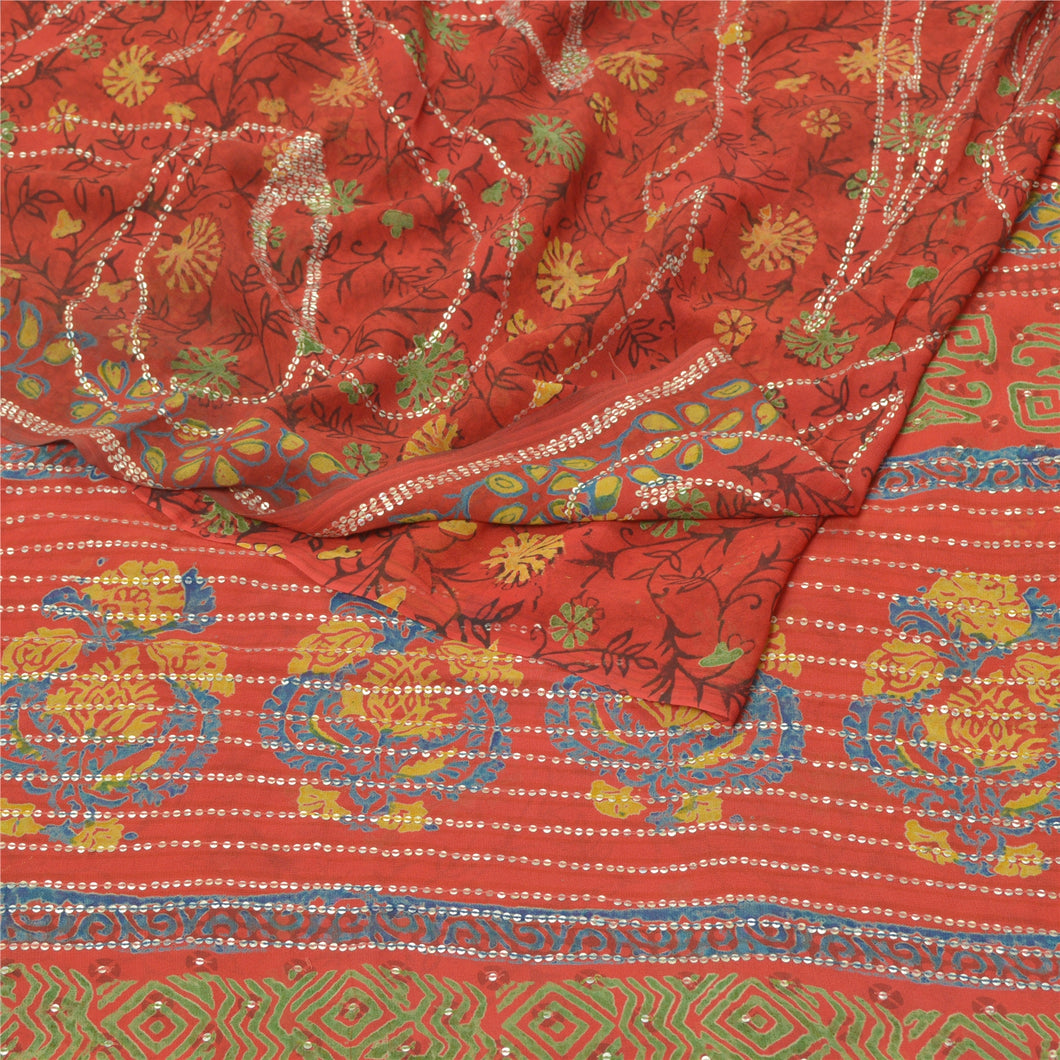 Sanskriti Vintage Red Sarees Pure Georgette Silk Printed Sequins Sari 5YD Fabric