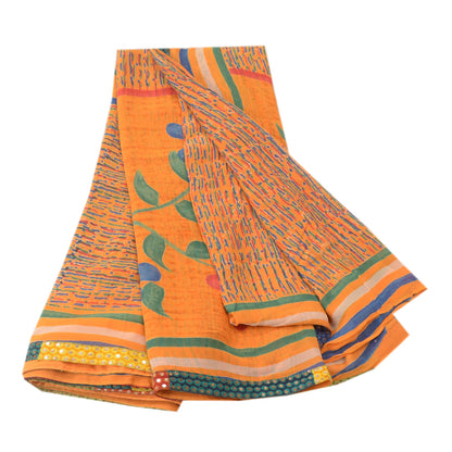 Sanskriti Vintage Sarees Orange Pure Georgette Silk Printed Sari Craft Sustainable Fabric