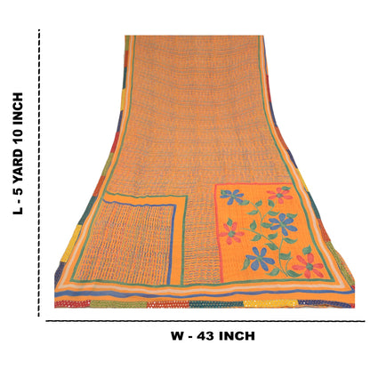 Sanskriti Vintage Sarees Orange Pure Georgette Silk Printed Sari Craft Sustainable Fabric