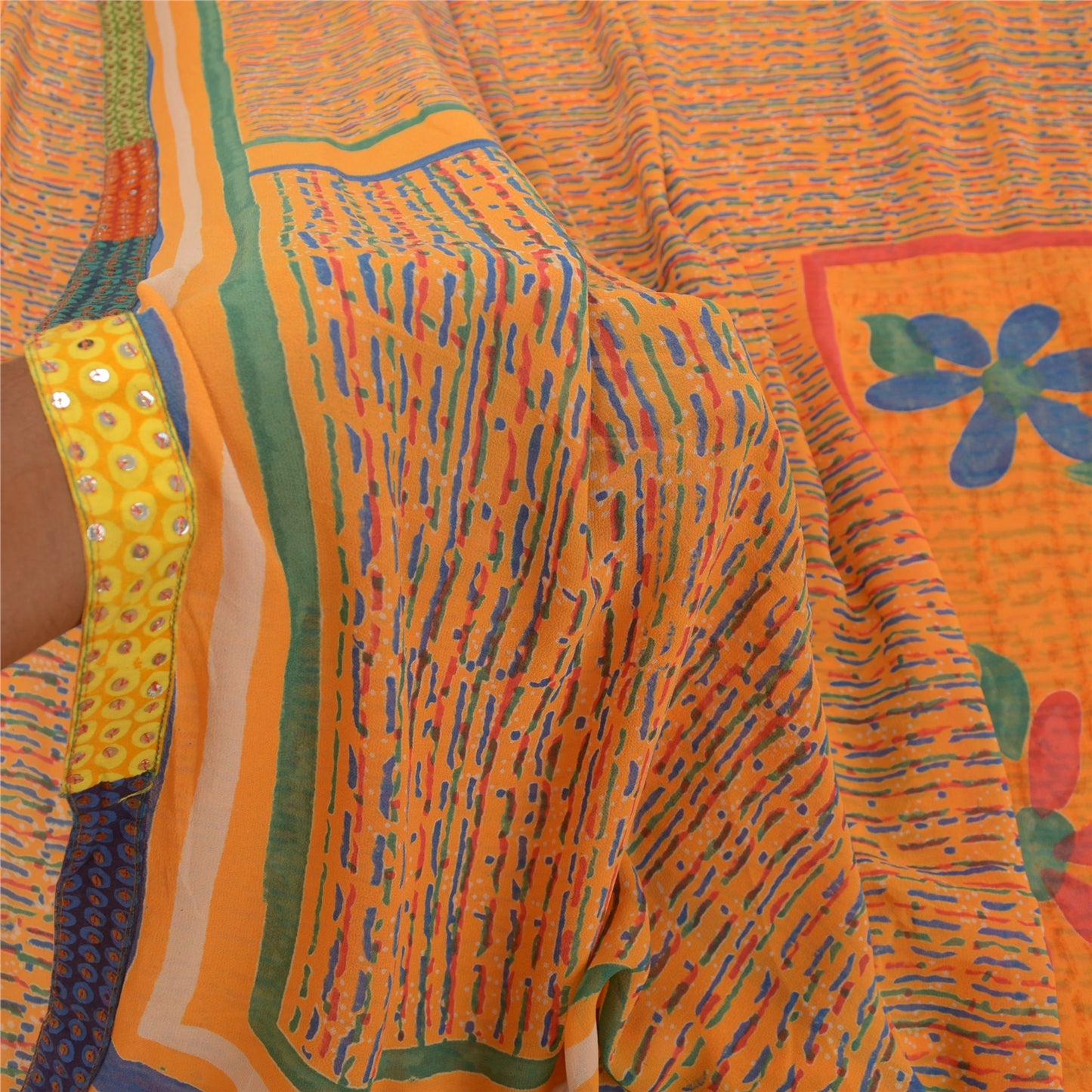 Sanskriti Vintage Sarees Orange Pure Georgette Silk Printed Sari Craft Sustainable Fabric