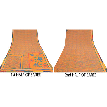 Sanskriti Vintage Sarees Orange Pure Georgette Silk Printed Sari Craft Sustainable Fabric