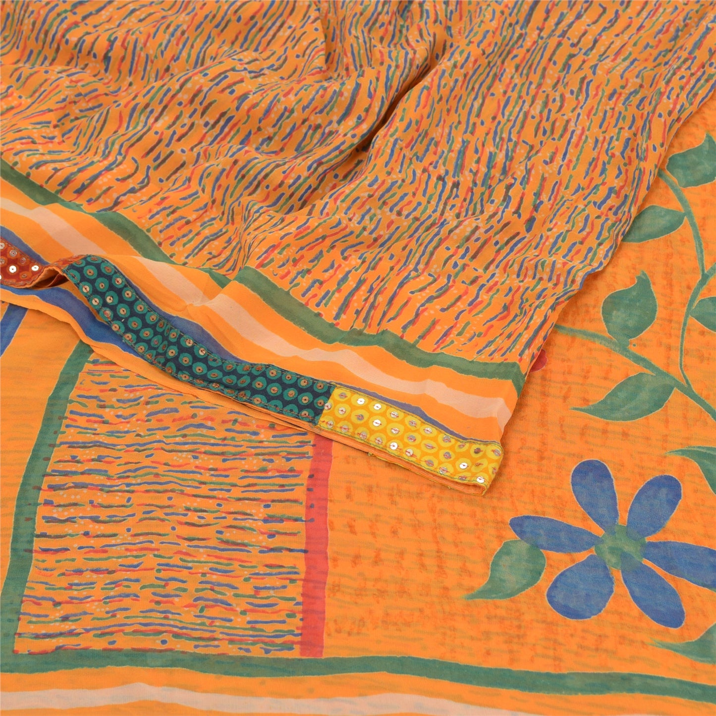 Sanskriti Vintage Sarees Orange Pure Georgette Silk Printed Sari Craft Sustainable Fabric