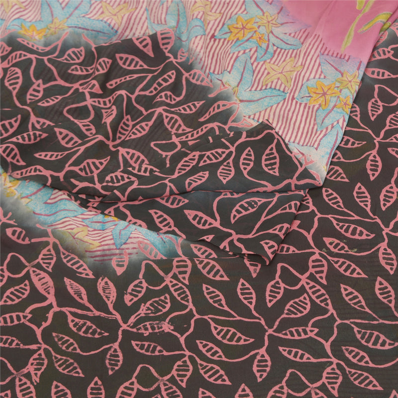 Sanskriti Vintage Sarees Black Pure Georgette Silk Printed Sari 5YD Craft Sustainable Fabric