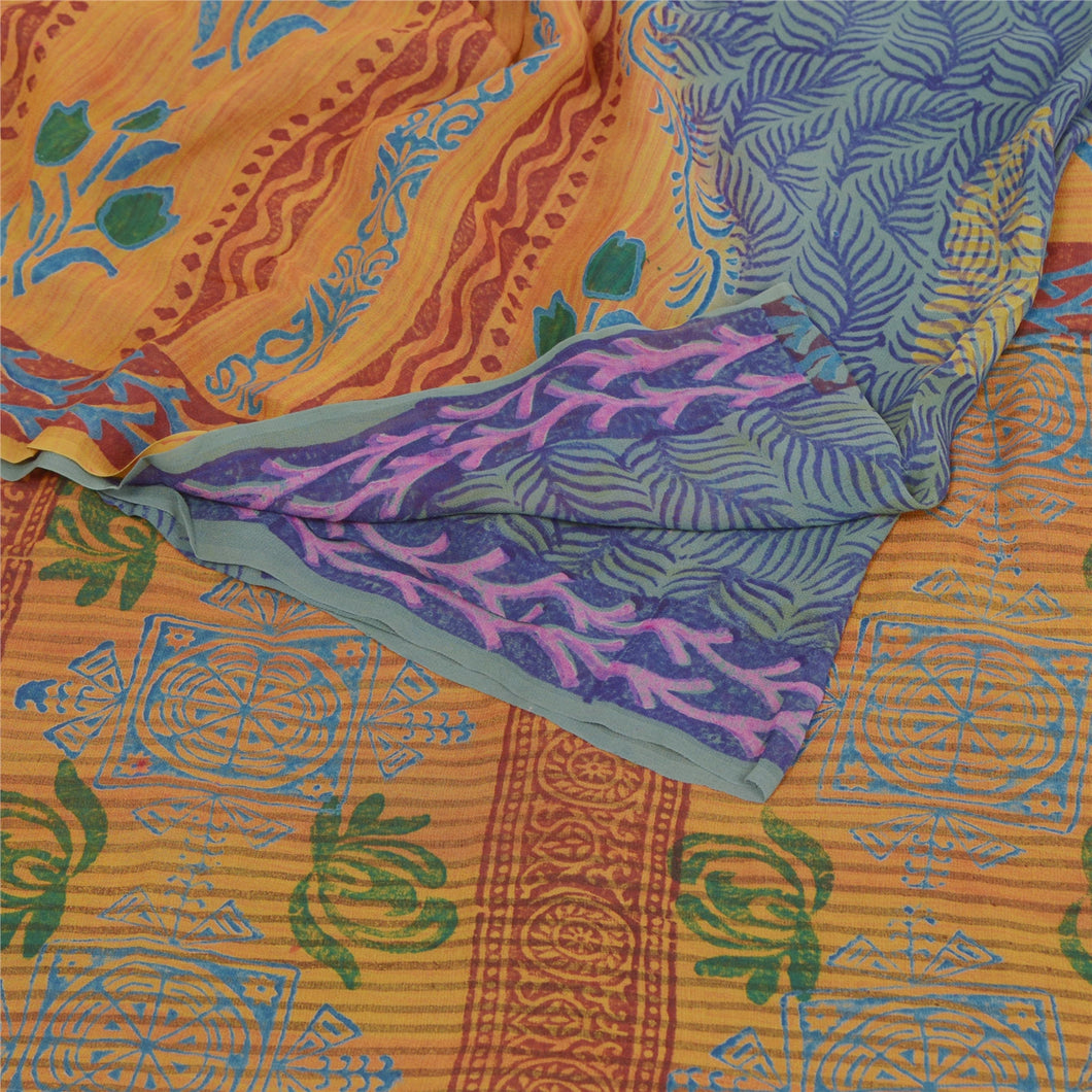 Sanskriti Vintage Green Sarees Pure Georgette Silk Prined Sari 5YD Craft Fabric