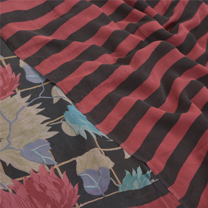 Sanskriti Vintage Sorte Sarier Ren Georgette Silke Trykt Sari 5YD Håndværk Bæredygtigt Stoff