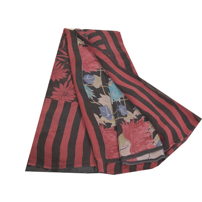 Sanskriti Vintage Sorte Sarier Ren Georgette Silke Trykt Sari 5YD Håndværk Bæredygtigt Stoff