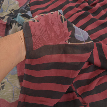 Sanskriti Vintage Sorte Sarier Ren Georgette Silke Trykt Sari 5YD Håndværk Bæredygtigt Stoff