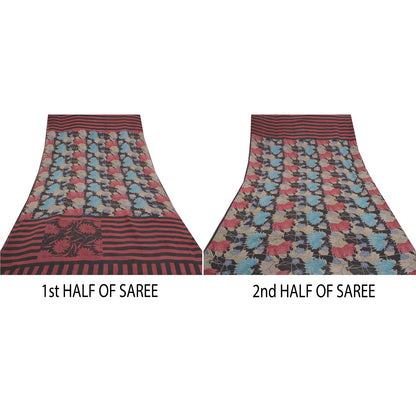 Sanskriti Vintage Sorte Sarier Ren Georgette Silke Trykt Sari 5YD Håndværk Bæredygtigt Stoff