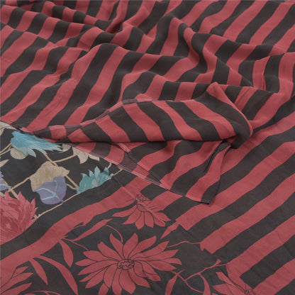 Sanskriti Vintage Sorte Sarier Ren Georgette Silke Trykt Sari 5YD Håndværk Bæredygtigt Stoff