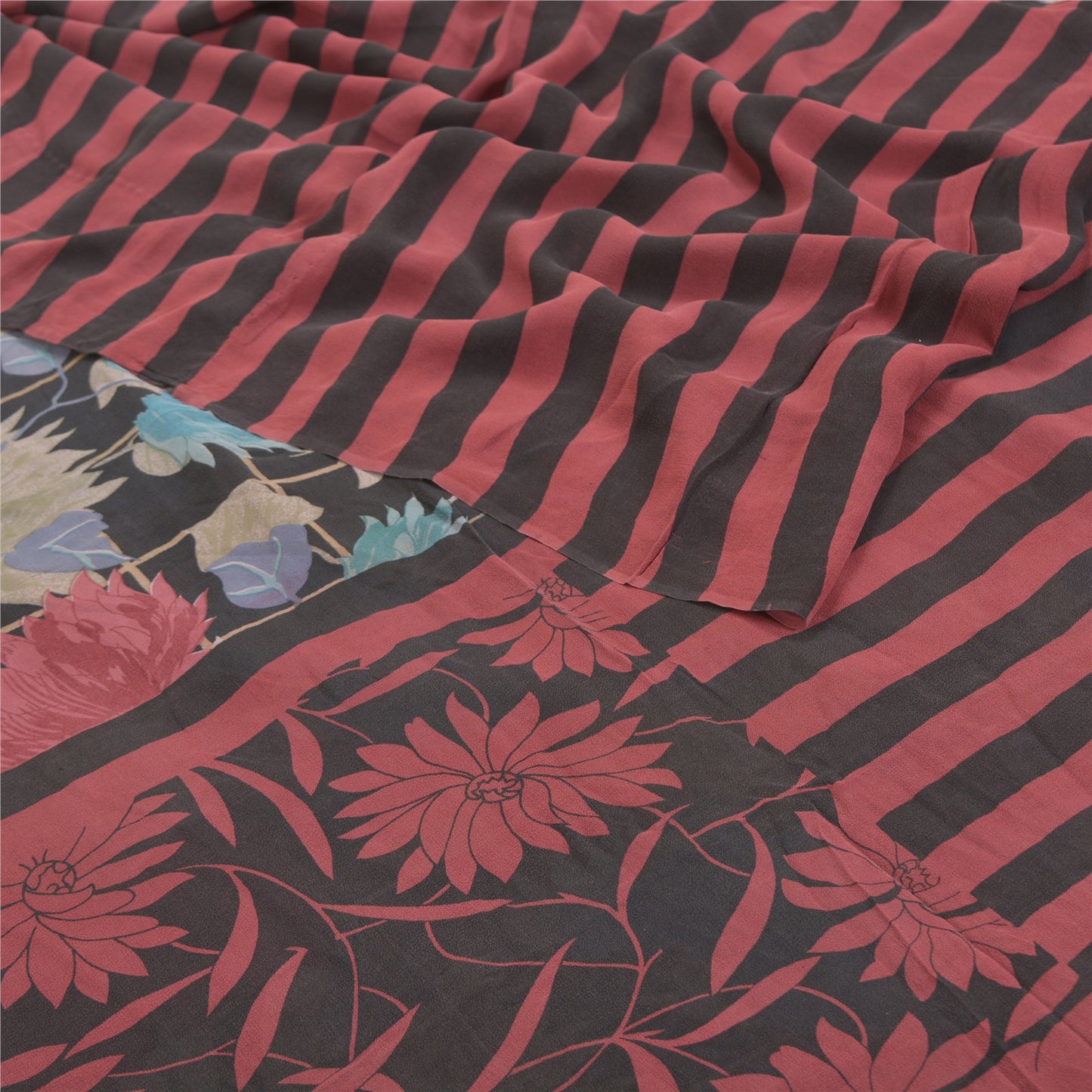 Sanskriti Vintage Sorte Sarier Ren Georgette Silke Trykt Sari 5YD Håndværk Bæredygtigt Stoff