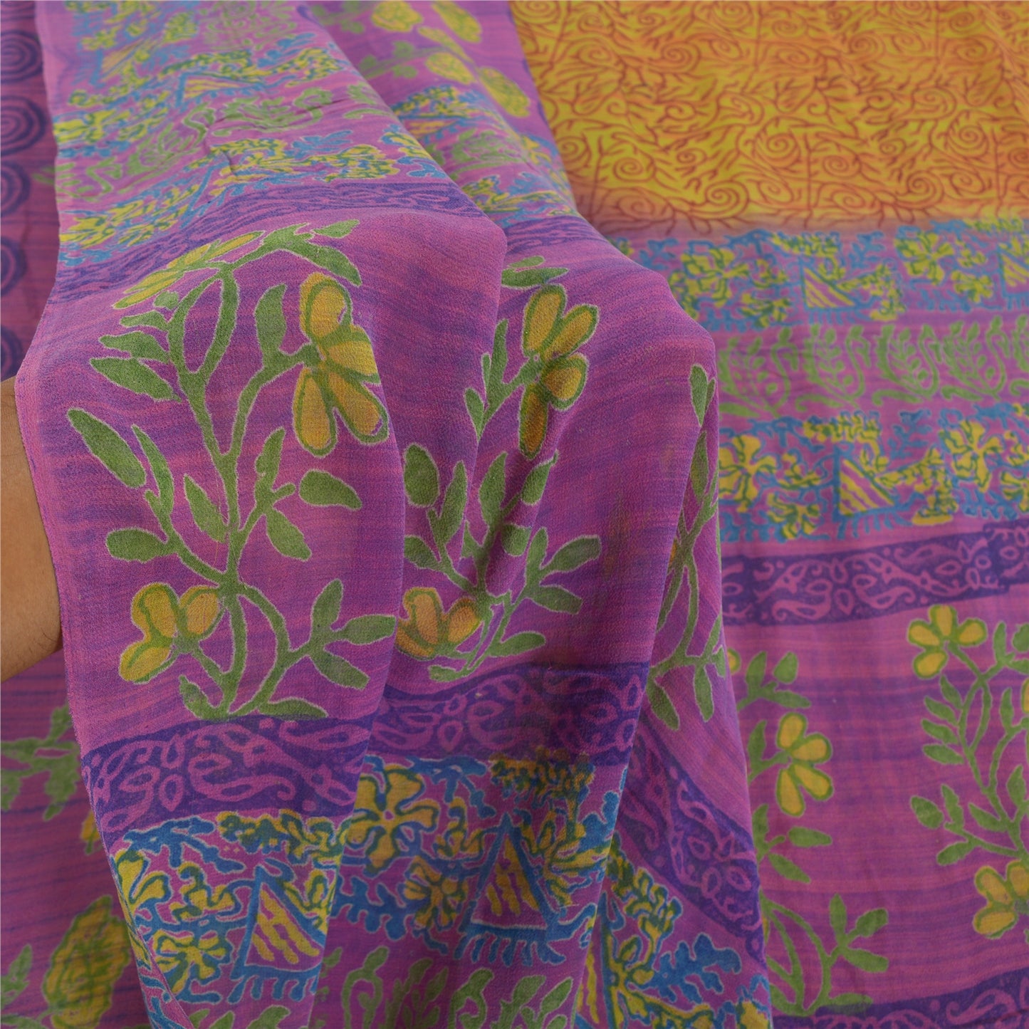 Санскритские винтажные зеленые сари 100% чистый шелк жоржет с принтом сари ремесло устойчивая ткань