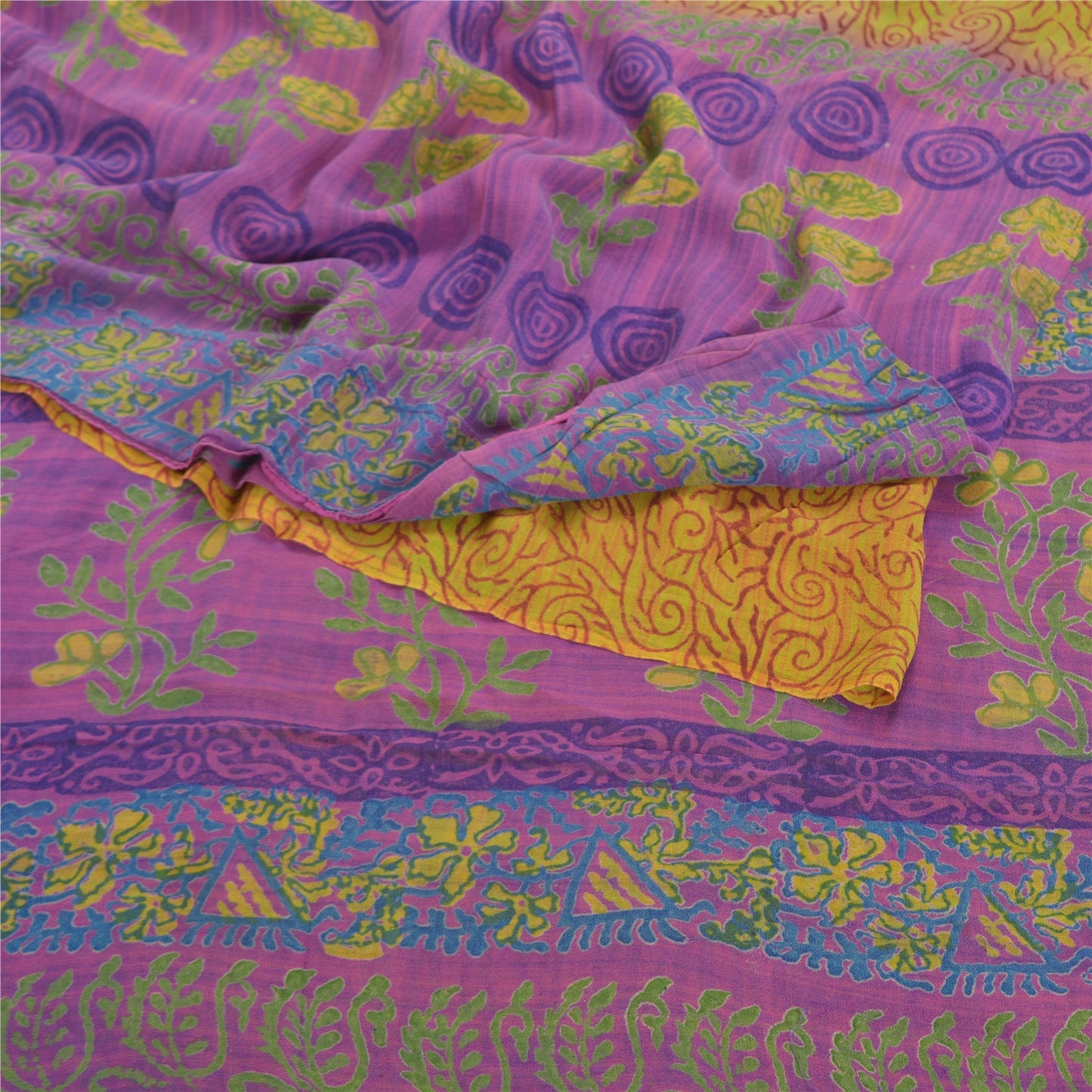 Санскритские винтажные зеленые сари 100% чистый шелк жоржет с принтом сари ремесло устойчивая ткань