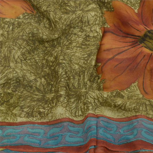 Sanskriti Vintage Grønne Sarier Ren Georgette Silke Trykt Sari 5yd Håndværk Bæredygtigt Stoff