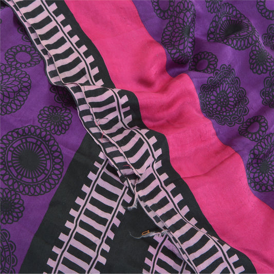 Sanskriti Vintage Sari 100% Pure Georgette Silk Pink/Purple Printed 5 Yd Saree Craft Fabric Home Decor, Women Floral Outfit, Silk Scrap