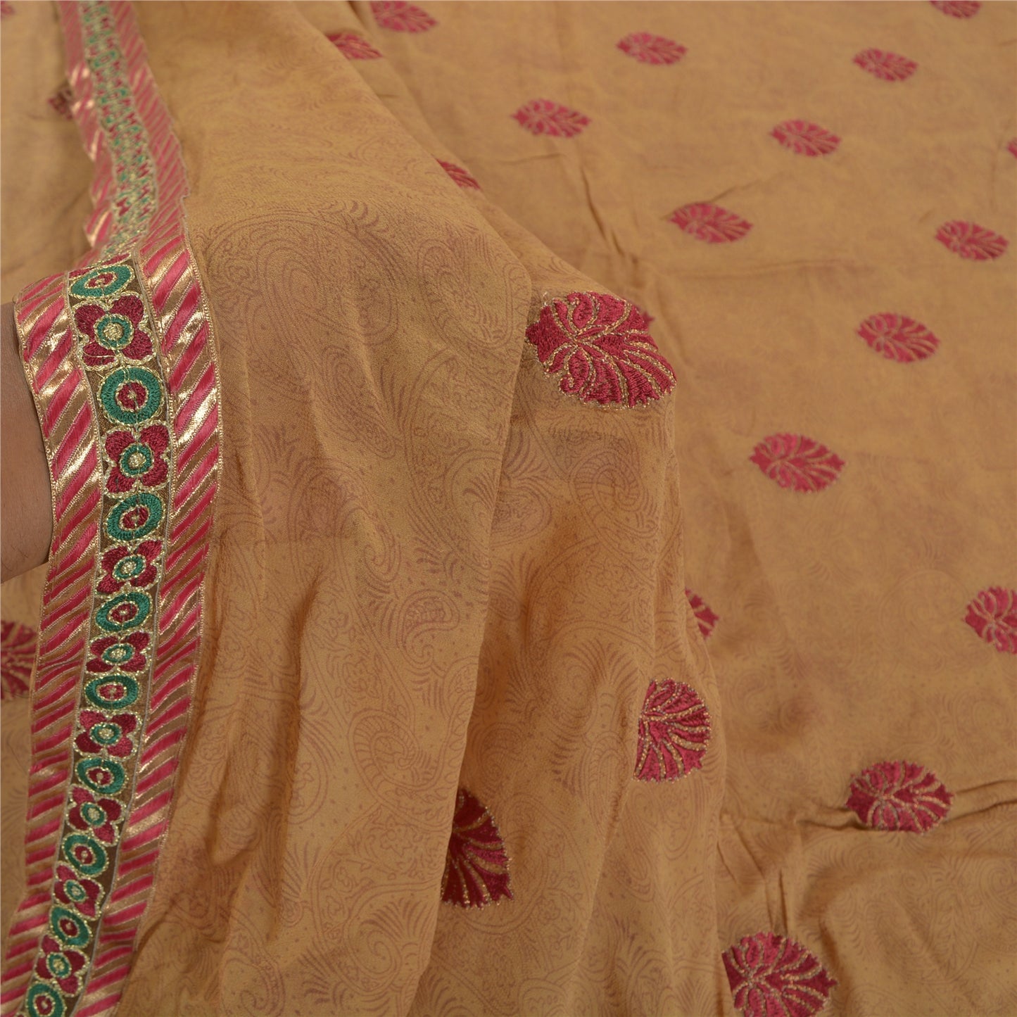 Sanskriti Vintage Brown Sarees Blend Georgette Embroidered Sari 5yd Craft Sustainable Fabric